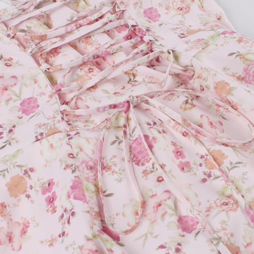 Image of Women Floral Corset Dress 2026 Boho Midi Sundress Summer Dress | Flowy A-Line Dress with Adjustable Spaghetti Straps Lace Up Back Front Slit High Waist for Vacation Wedding Guest