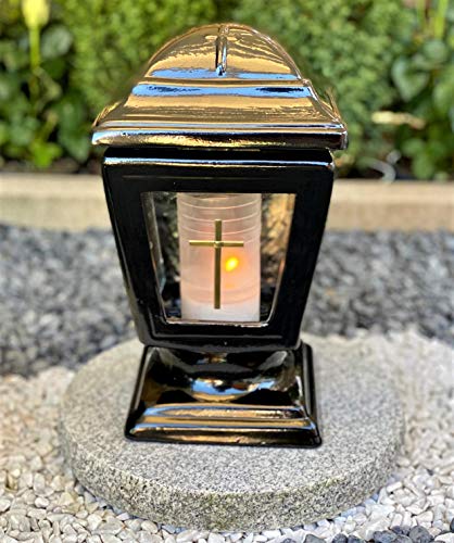 Keramiklaterne Schwarz Neu Grablampe Grablicht Grablaterne Grabdekoration Grabschmuck Gartenlampe Kerze incl.Grabkerze - Höchste Qualität