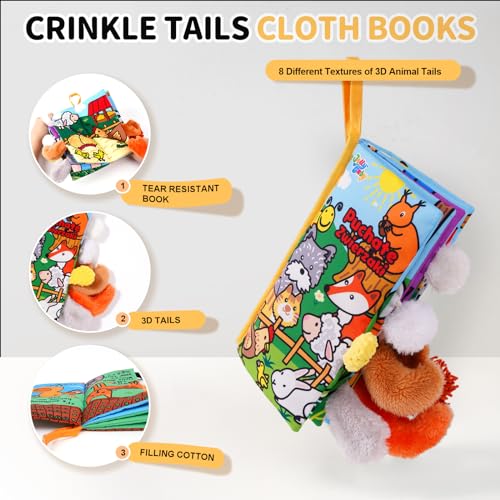 Image of Jollybaby Baby Cloth Books, Touch & Feel Crinkle Soft Books, for Infants Babies, Toddler Early Educational Interactive Stroller Toys, Baby Girl & Boy Gift(Plush Tails)