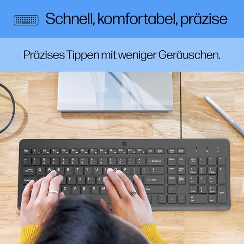 HP 150 kabelgebundene Tastatur, QWERTZ Deutsches Layout, 12 Fn Tasten, funktioniert mit Windows & Mac, leise, schwarz – Ansicht 3