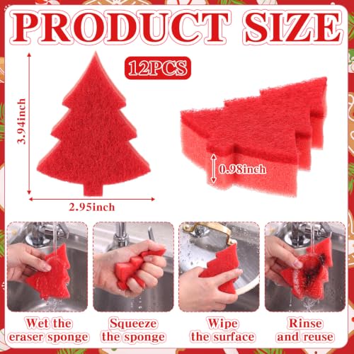 Image of Tioncy 12 Pack Christmas Tree Kitchen Sponges Bulk Red Tree Dual Sided Scrubber Sponges Dishwashing Kitchen Cleaning Accessories for Home Decor Household Supplies