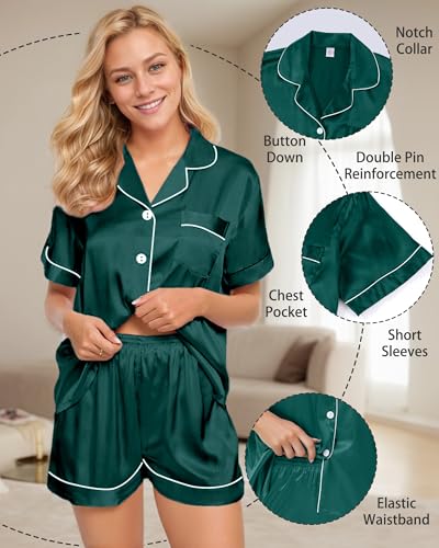 Image of 3 Piece Silk Satin Pajama Set for Women Soft Short Sleeve Button Down Pjs with Shorts Long Pants Sleepwear S-XXXL