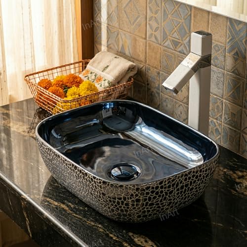 Image of InArt Designer Ceramic Wash Basin /Vessel Sink /Over or Above Counter Top Wash Basin for Bathroom Rectangle Shape Blue Color 18 x 13 x 5.5 Inch