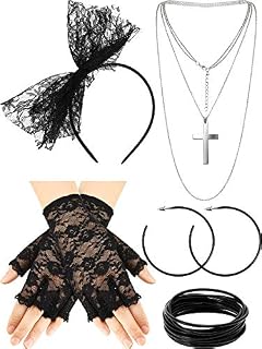 80s Fancy Dress Costume Accessories Lace Headband Earrings Fishnet Gloves Necklace Bracelet for 80s Retro Party (Style A)