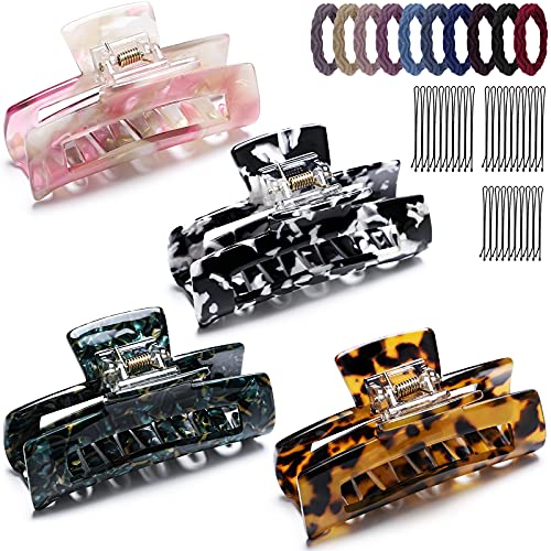 Hair Clips for Women Thick Hair - Hair Claw Clips Butterfly Hair Clip for Girl Thin Hair with 26Pcs Bobby Pins & 10Pcs Hair Ties Set, 4 Color Strong Hold Hair Accessories, Leopard（4 Packs）