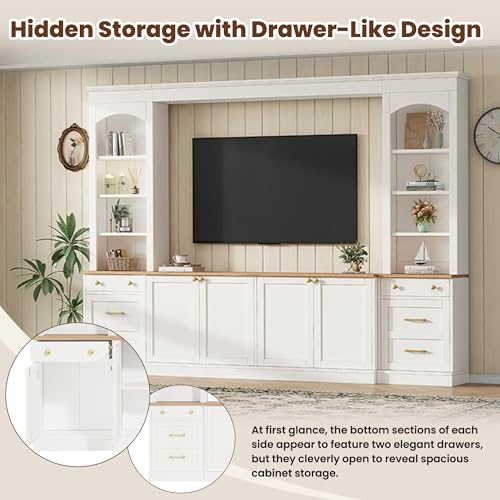 Image of 106.3 inchL Large Entertainment Center with Bookshelves and Drawers for TVs Up to 70'', Wall Unit Entertainment Center with Adjustable Shelves and Cabinet, Minimalist TV Stands for Living Room White