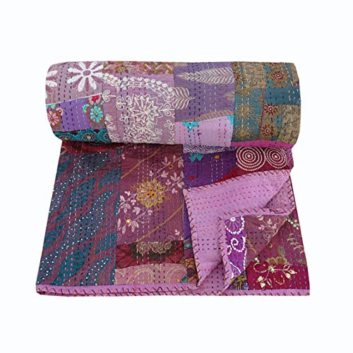 NANDNANDINI TEXTILE Indian Vintage Throw Blanket Living Room Bedroom Decor Cotton Embroidered Quilted Bedsheet Bedding Set Handmade Patchwork Kantha Quilt Antique Kantha Bedspread