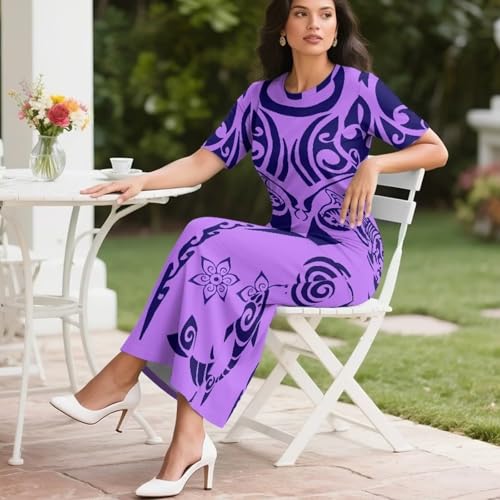 Image of Puletasi Samoan Traditional 2 Piece Outfits for Women Short Sleeve Crop Top and Maxi Skirt Sets Puletasi Dress