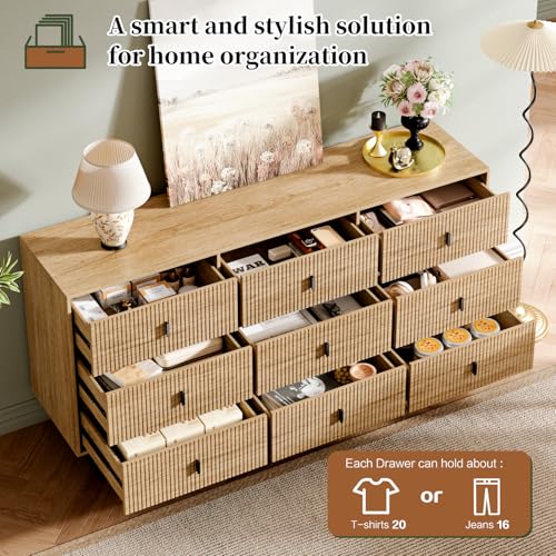 Modern Chest of Drawers with 9 Drawers,Deep Drawers,Clothes Organizer,Large Storage Cabinet for Living Room, Bedroom,Hallway,with Anti-Tipping Device, Oak - Image 3