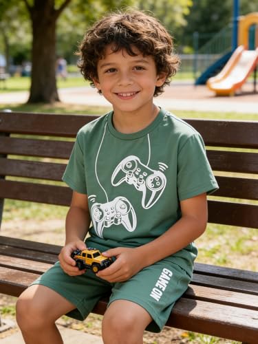 Image of KIDLAGA Kids Toddler Boy Clothes Outfits Bear Print Tee + Plaid Shorts 2 Pieces Summer Shorts Set