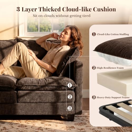 Image of KYJ Cloud Loveseat Sofa Couch with Ottoman 3 Layer Cushion for Small Spaces | 50 inch Chenille Small Sofa, 27 inch Deep Seat, 2 Washable Pillow, in a Box for Bedroom & Living room, Singles, Couple & Kid, Brown