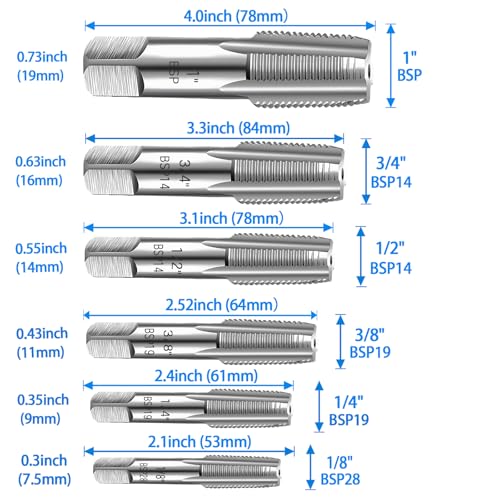 6-teiliges BSP-Rohrgewindebohrer-Set, 1\, 3/4\, 1/2\, 3/8\, 1/4\, 1/8\ BSP-Gewindebohrer-Set, Kohlenstoffstahl-Handgewindeschneid-Sanitär-Gewindebohrer-Set für präzise Gewinde, sortierte