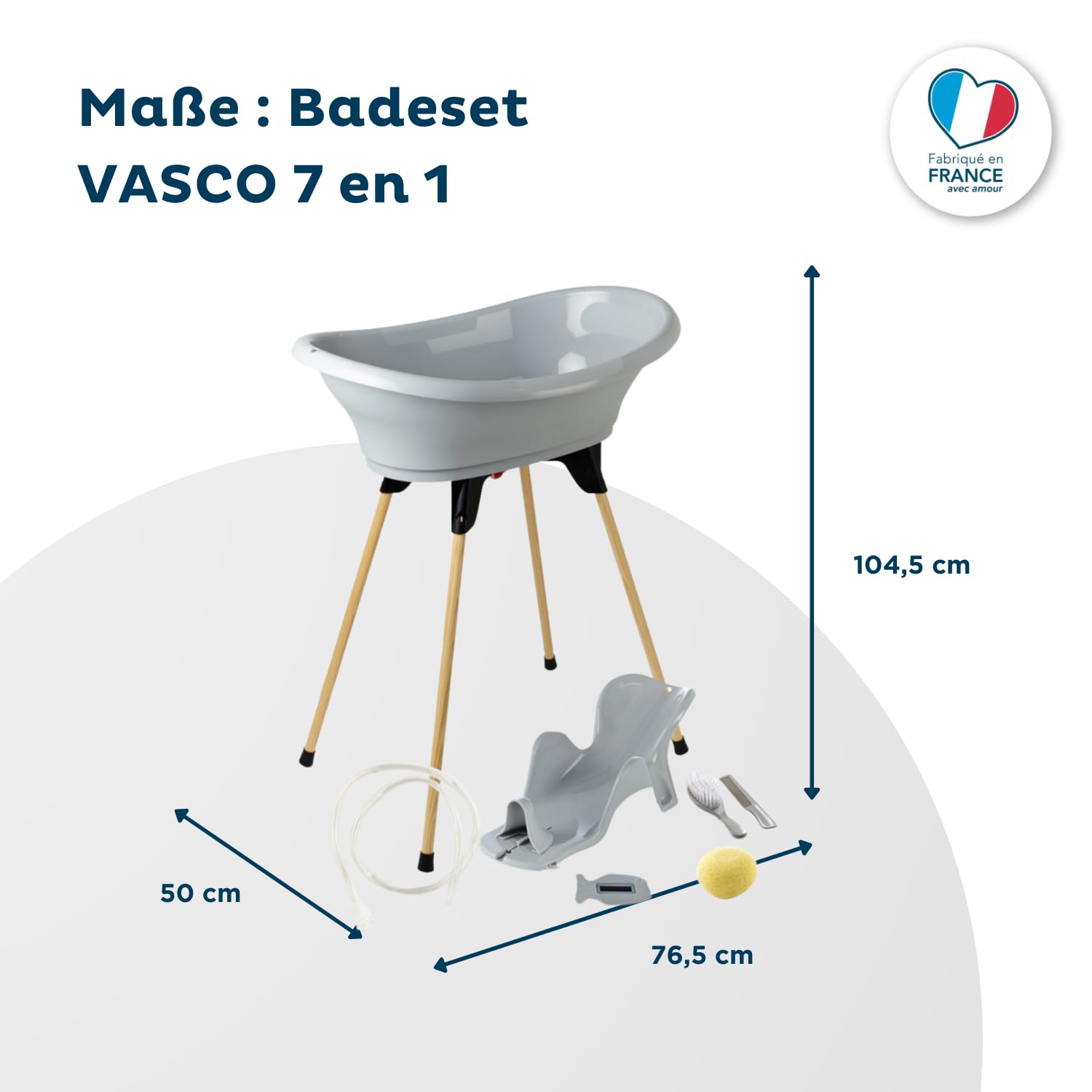 THERMOBABY - Zestaw do kąpieli dla niemowląt Vasco 7 w 1 Szary - Wanna + Stopa + Opróżnianie + Regulowany leżak kąpielowy + Termometr + Gąbka + Szczotka i grzebień - Wyprodukowano we Francji