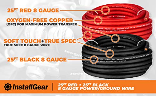 Installgear 8 Gauge Power Or Ground Wire - 99% Oxygen-Free Copper (Ofc) | 8 Awg Wire | 8 Gauge Wire - 25Ft Red + 25Ft Black | Great For Marine, Speaker, Battery Cables, Power/Ground Wire #TOP1