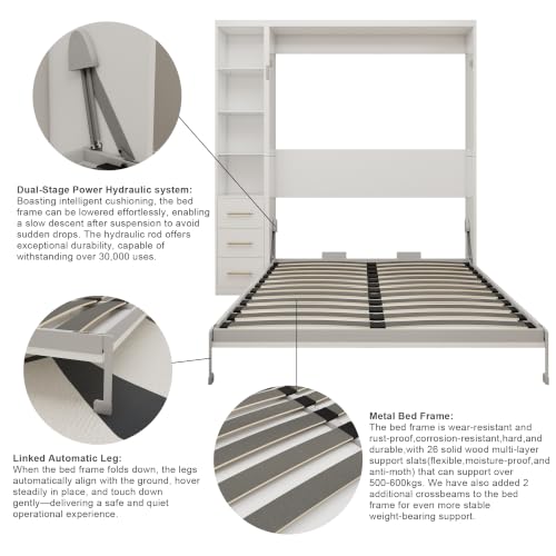Image of KEIKI Queen Size Vertical Cabinet Murphy Bed with 1 Side Cabinet, Multifunctional Foldable Hideaway Wall Metal Bed Frame with Slats, No Box Spring Needed, Easy Assembly, for Bedroom, Guest room, White