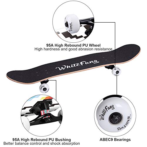 Image of WhiteFang Skateboards for Beginners, Complete Skateboard 31 x 7.88, 7 Layer Canadian Maple Double Kick Concave Standard and Tricks Skateboards for Kids and Beginners