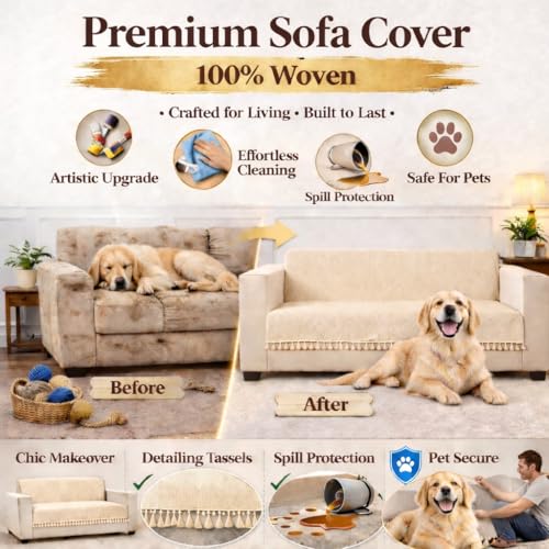 Image of STITCHNEST Beige Chenille Sofa Cover 24x30 Inch - Soft, Durable & Textured Fabric with Tassels | Sofa for Living Room, Bedroom, or Drawing Room