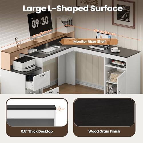 MALOL 63" Farmhouse L Shaped Executive Desk, Corner Computer Desk with Drawers & Storage Shelf, Home Office Desk with Power Outlet, Monitor Stand, Wood Grain Desktop, White & Black - 5