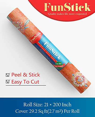 Funstick 21" X 200" Vintage Floral Peel And Stick Wallpaper Orange Red Wall Paper Roll Watercolor Self Adhesive Wallpaper Stick On Wallpaper For Bedroom Living Room Wall Backdrop Wardrobe Bookshelf #TOP6
