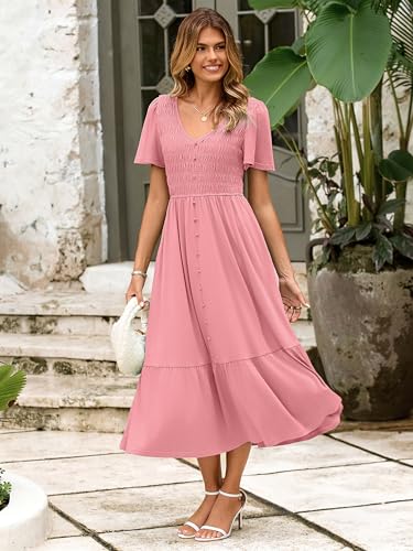Image of Simplee Womens Summer Smocked Flowy Dress - Casual Flutter Sleeve Tiered Boho Maxi Dresses with Pockets