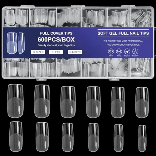 AORAEM Square Nail Tips 600PCS: Artificial Full Cover Nail Tips, Soft Clear Acrylic Medium Press on Nails, 12Sizes False Nails with Box for Home DIY Nail Salon