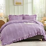 WONGS BEDDING Purple Comforter Set King,3 Pieces Ruffle Farmhouse Shabby Chic Comforter for King Bed,Soft Textured Boho Bedding Set with 1 Ruffle Comforter,2 Tufted Pillowcases 104