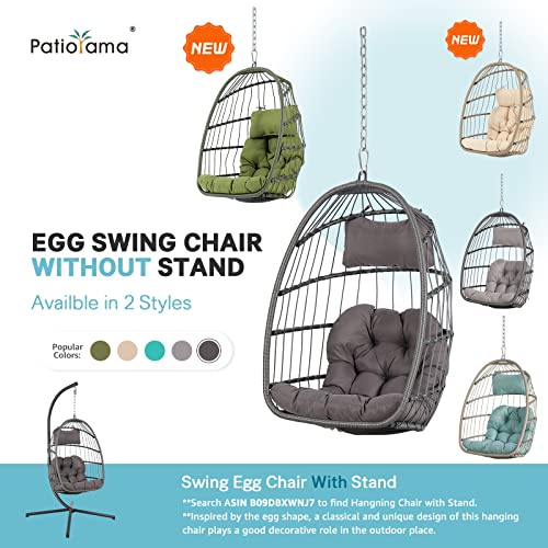 Patiorama Indoor Outdoor Egg Swing Chair Without Stand, Patio Wicker Rattan Hanging Chair W/Cushion, 350Lbs Capacity, All Weather Foldable Hammock Chair Basket Chair For Bedroom, Porch (Dark Grey) #TOP1