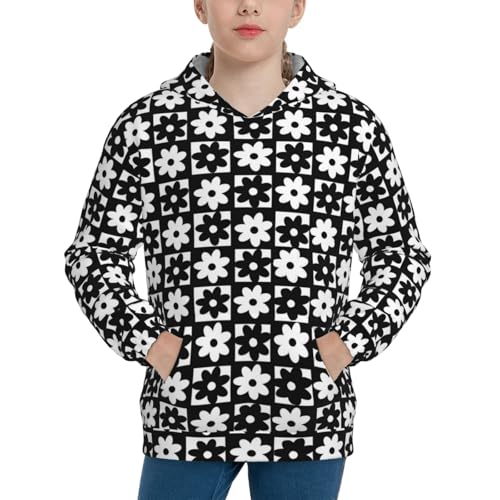 Black and White Checkered Flower Kids Pullover Hoodies Boys Sweatshirts Girls Athletic Clothes with Pocket