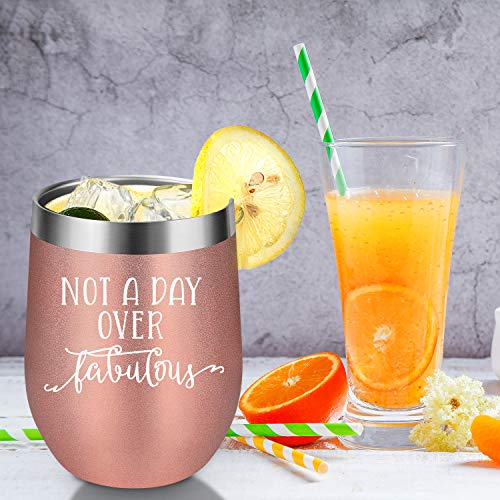 Not a Day Over Fabulous - Funny Birthday Wine Gifts Ideas for Women, Wife, Mom, Mother in Law, Daughter, Sister, Aunt, Best Friends, BFF, Coworker, Her - Coolife 12oz Insulated Wine Tumbler with Lid