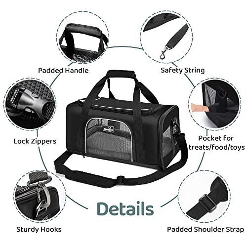 Wakytu TSA Approved Pet Carrier for Small Cats and Dogs,17.7x11x8.3, Black | 3 entrances & 5 vents, waterproof rip-stop, anti-escape locks, padded strap,plane underseat,cat dog carrier - Image 5