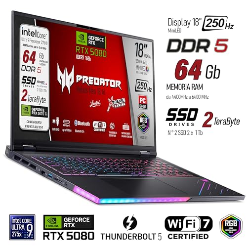 Image of acer Predator Helios 18 Ai Gaming Laptop, Intel Ultra 9-275X, RAM 64GB DDR5 SSD 2TB (2x1Tb), 18 inch WQXGA 250Hz MINILED Display, GeForce RTX 5080 16Gb GDDR7, WI-FI 7, Win 11, Ready to Use