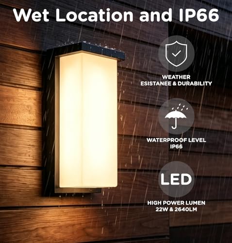Image of Outdoor Wall Sconce 14 Inch, IP66 Waterproof, 2640LM Brightness, ETL, 3CCT | 3000K /4000K /5000K, 3 Power Levels 18W /20W /22W Porch Lights, Hardwired Outdoor Wall Light for Patio, Front Door, Garage