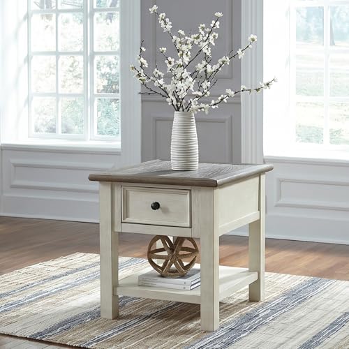 Image of Signature Design by Ashley Bolanburg End Table for Living Room, Two-Tone Distressed Wood Side Table with Smooth-Gliding Drawer, Farmhouse Plank-Style Top, Ideal Night Stand Use, Antique White /Oak