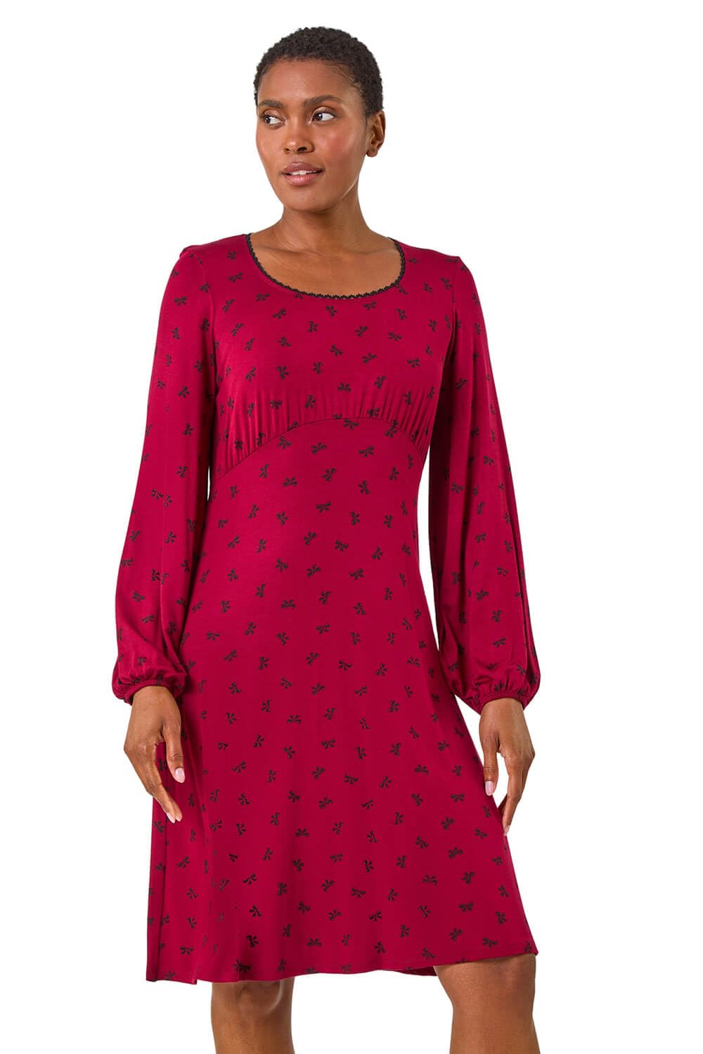 Roman Women Gathered Chest Dress Ladies Stretchy Fit & Flare Swing Tea A Line Skater Knee Length Long Sleeve Midi Smart Casual Work Going Out Cocktail Party - Wine - Size 12