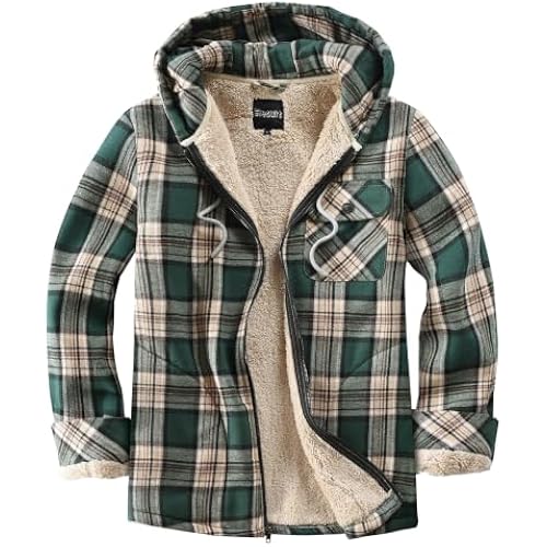 Elesuit Men's Full Zip Fleece Flannel Jacket Shirt Plaid Cotton Hoodie Coat