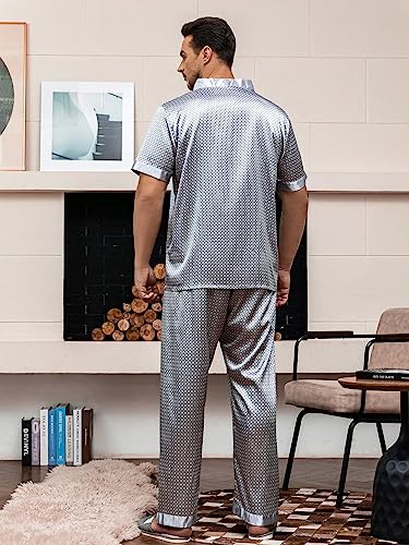 WDIRARA Men's 2 Piece Pajama Set Geo Print Satin Button Down Short Sleeve Sleepshirt With Pants2