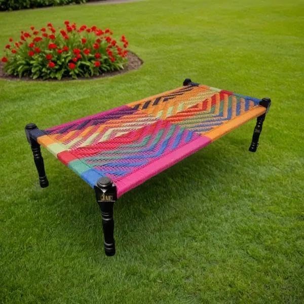 Rajasthani Wooden Khatiya Khaat | Traditional Handcrafted Wooden Charpai Bed | 6x3 Feet | Solid Wood Frame with Durable Cotton Ropes for Home, Garden, or Outdoor Use (Colorful -08)