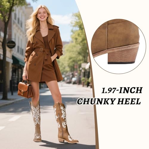 Image of Lace Up Cowboy Boots for Women Embroidered Wide Calf Cowgirl Boots Comfortable Chunky Heel Pointed Toe Trendy Western Shoes for Prom Music Festival