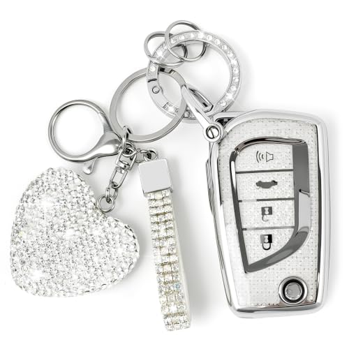 Amazauto Key Fob Cover with Diamond Bling Keychain, Compatible with Toyota Camry Corolla RAV4 LE/SE 2018-2025, TPU Smart Key Case and Rhinestone Heart for Women (4 Buttons, Silver)