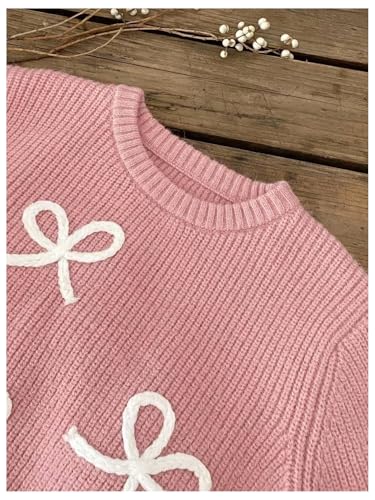 Image of BEAUDRM Girl's Cute Bow Sweater Crew Neck Long Sleeve Drop Shoulder Loose Pullover Tops