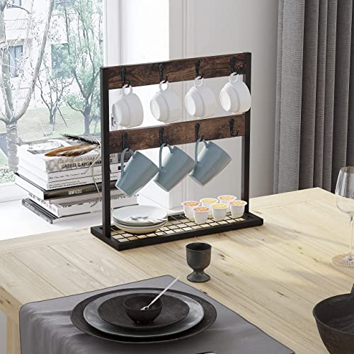 Giikin Coffee Mug Holder For Countertop, 2 Tier Rustic Wood Coffee Cup Holder Stand With Metal