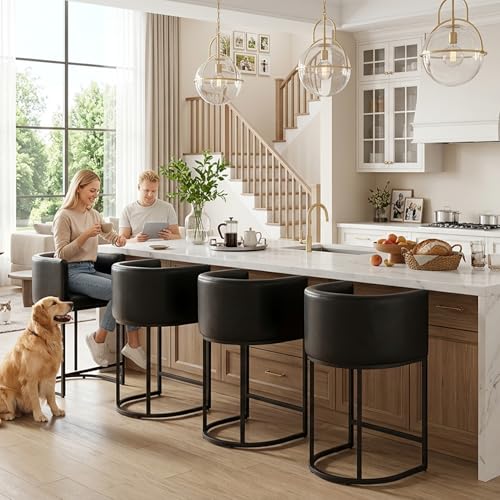 Image of HNY Black Modern Barrel Counter Height Clearance Bar Stools Set of 3, 24 Inch PU Leather Kitchen Barstools with Back for Island, with Black Metal Tubular Frame