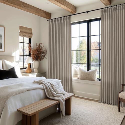 Image of Extra Wide Taupe Pinch Pleated Semi Sheer Linen Curtains for Sliding Door