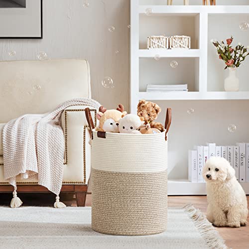 Image of VIPOSCO 53L Tall Woven Rope Laundry Hamper, Leather Handles, White & Brown