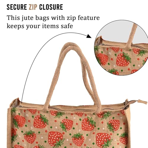 Image of Kuber Industries 2 Pcs Jute Shopping Bag for Women with Handle | Reusable Carry /Shopping Bag for Grocery, fruits & Vegetable | Strawberry Print - Brown