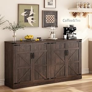 Sideboard Buffet Cabinet with Storage 65 Large Farmhouse Buffet Table Coffee Bar Cabinets Modern Accent Cabinet with Adjustable Shelf and 4 Doors for Kitchen Dining Room Living Room Brown