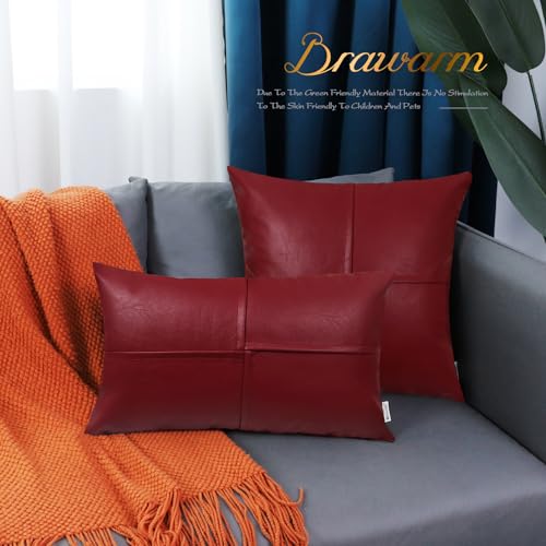 Image of BRAWARM Faux Leather Throw Pillow Covers 12 X 20 Inches, Deep Red Leather Lumbar Pillow Covers Pack of 2, Hand Stitched Leather Decorative Throw Pillows for Couch Sofa Bed Living Room Home Garden