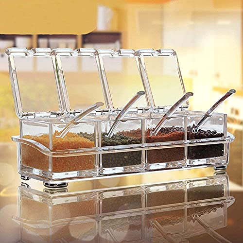THEODORE® Crystal Seasoning Box, Acrylic Transparent Spice Jar Box, Kitchen Accessories Items Case, Storage Container Condiment Dispenser for Salt, Sugar Cruet with Cover & Serving Spoons – Set of 4