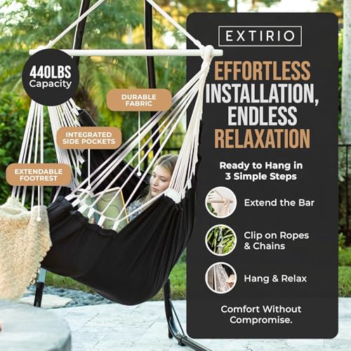 Image of Hanging Hammock Chair Swing - Hanging Chair Outdoor & Indoor - Hammock Swing Chair - Quick & Easy Setup with Hardware Kit - Durable & Spacious Full Body Support with 2 Plush Cushions - Holds 440 Lbs