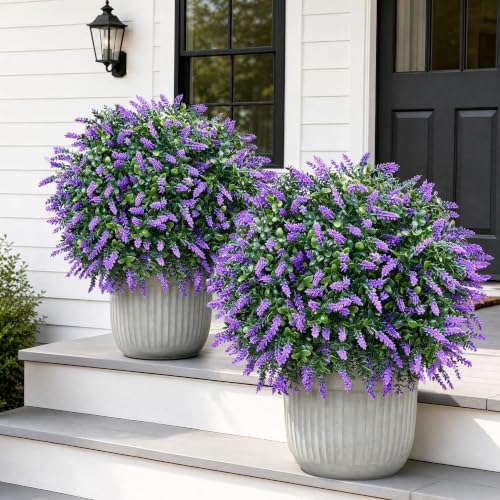Bloyapix 27.5" Artificial Lavender Boxwood Topiary Ball Trees, Set of 2 Fake Shrubs Bushes with Ground Spike, UV Resistant Faux Evergreen Tree for Front Porch Outdoor Garden Decor - image 1